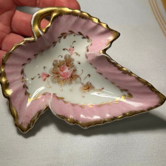 Antique Limoges France Trinket Ring Dish Pink Gold Leaf Peint Main EG 4.25" - Picture 9 of 9